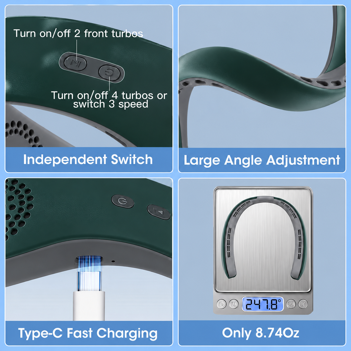 4000mAh 4 Tubors Portable Rechargeable Neck Fan 360° Bladeless with 3 Speeds