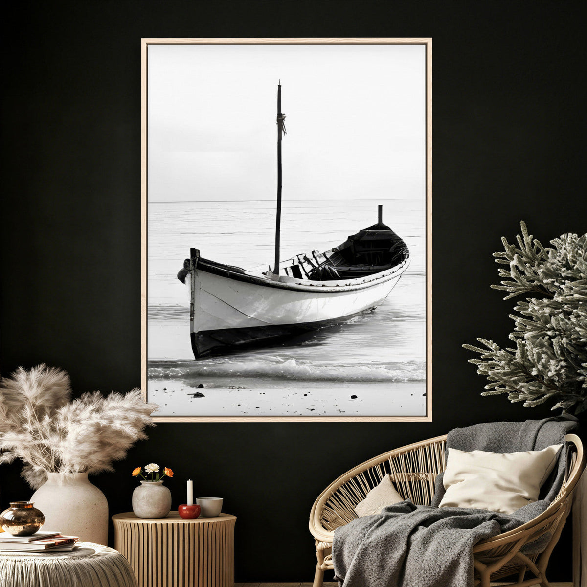 Minimal Boat Wall Art Canvas Print – Black and White Coastal