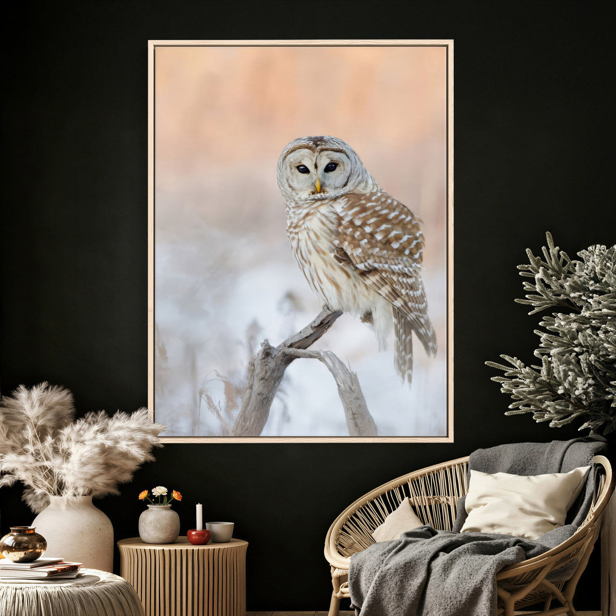Barred Owl Wall Art Canvas Print – Soft Neutral Wildlife