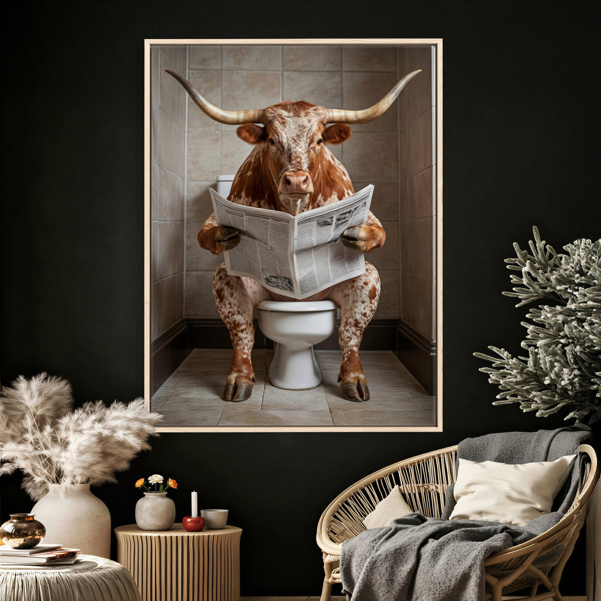Funny Bathroom Canvas Wall Art, Texas Longhorn on Toilet