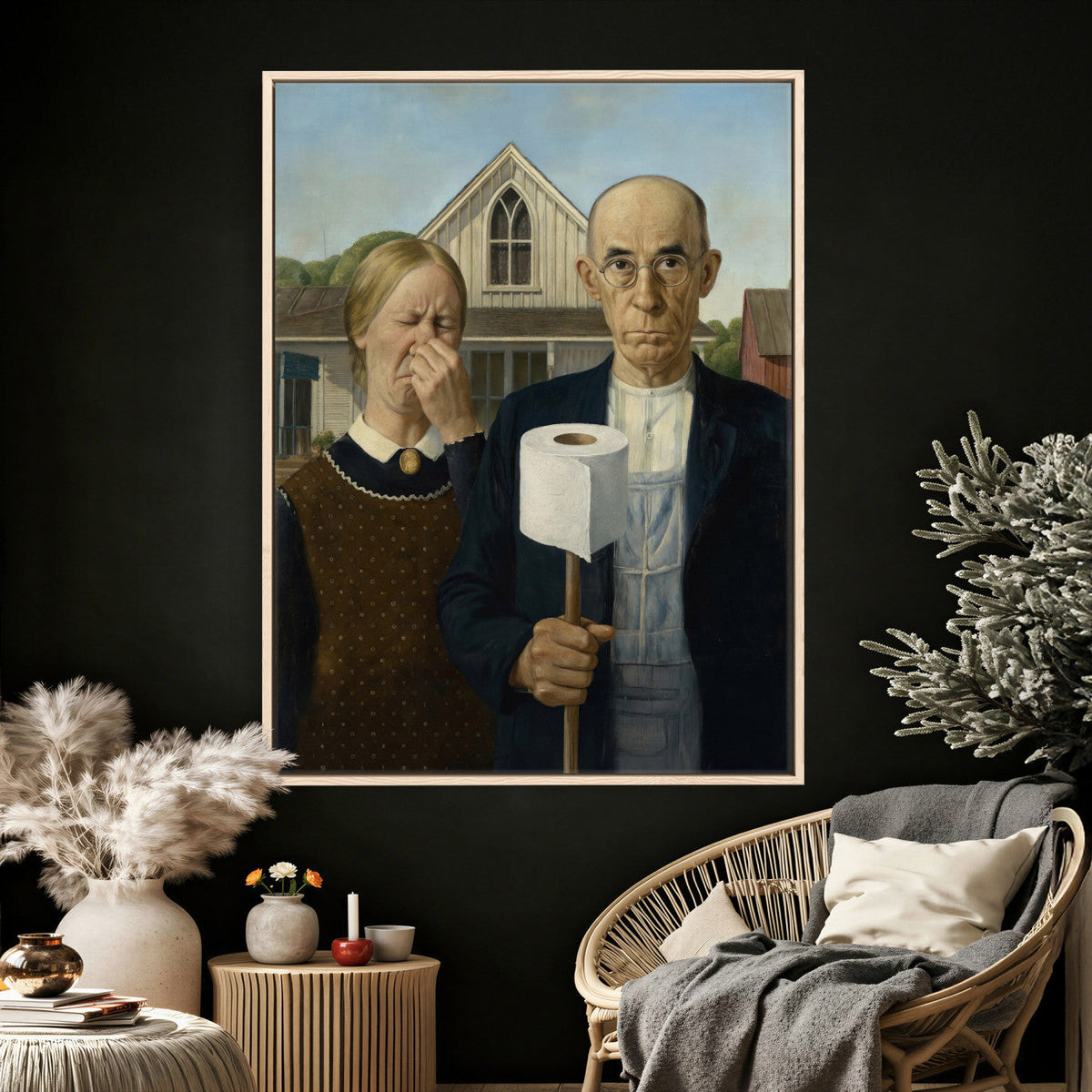 Funny Bathroom Canvas Wall Art, Grant Wood American Gothic