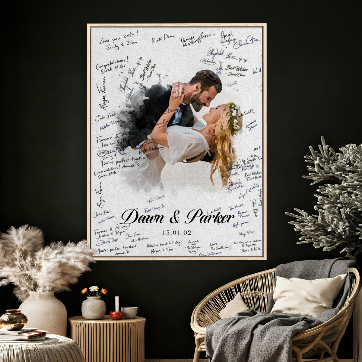Wedding Guest Book Alternative Wall Art Canvas Print, Personalized Wedding Signature Poster, Custom Couple Photo Guestbook Canvas, Bridal Shower Reception Decor