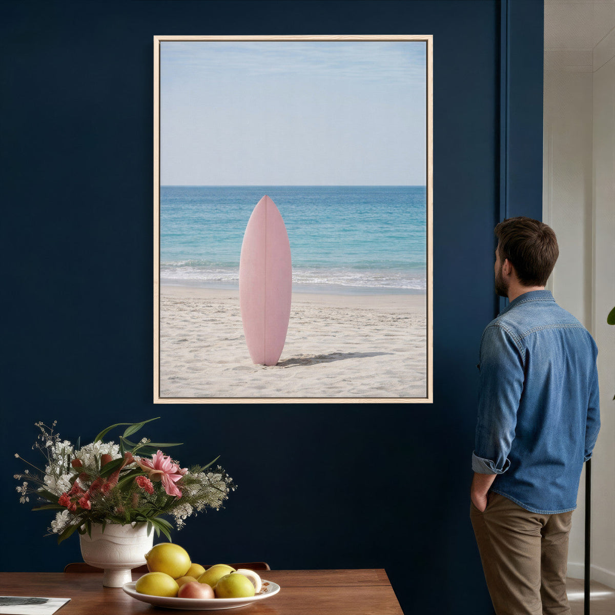 Pink Surfboard Canvas Wall Art, Minimalist Beach Photography