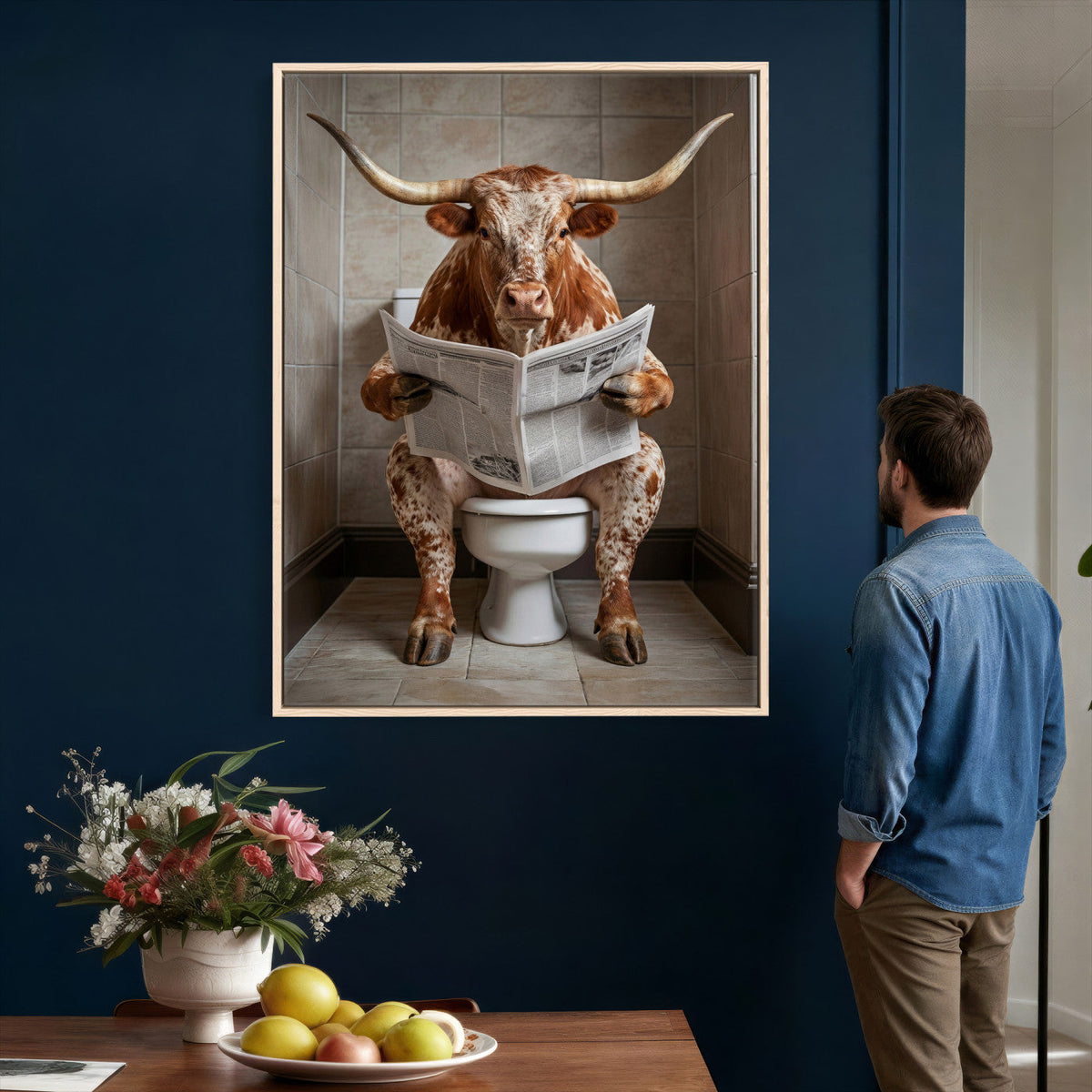 Funny Bathroom Canvas Wall Art, Texas Longhorn on Toilet