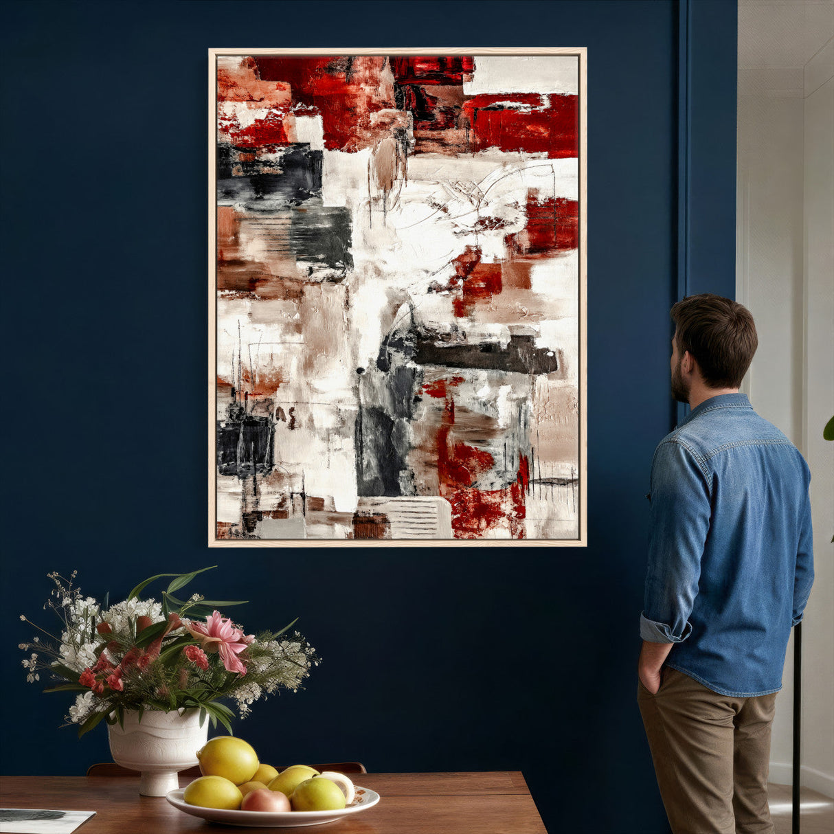 Blue Teal Abstract Canvas Wall Art, Modern Textured Painting Print, Navy Orange White Contemporary Art, Neutral Living Room Decor, Office Art