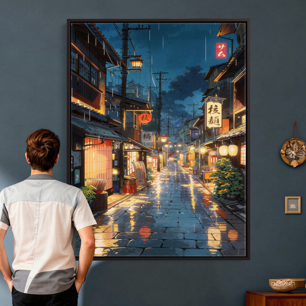 Tokyo Tea House Canvas Wall Art — Japan Rainy Night Street