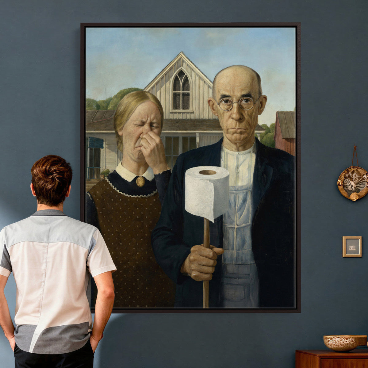 Funny Bathroom Canvas Wall Art, Grant Wood American Gothic