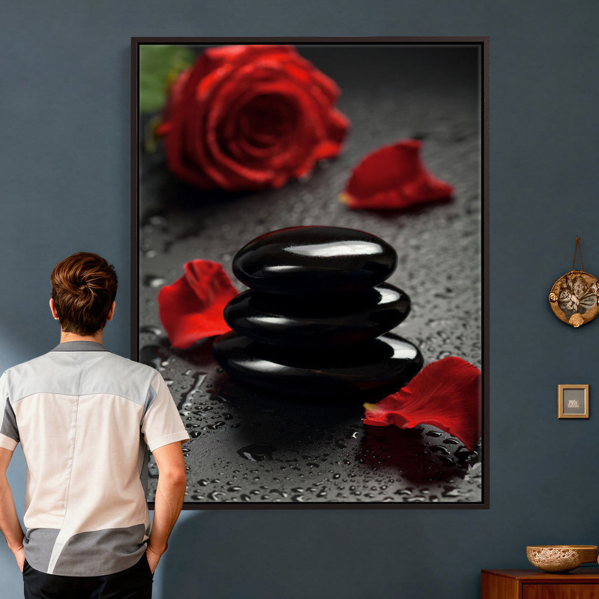 Black Lava Stone Rose Canvas | Red Rose Spa Photography