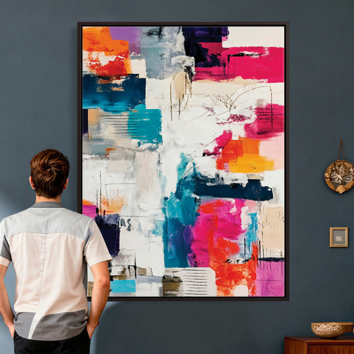 Blue Teal Abstract Canvas Wall Art, Modern Textured Painting Print, Navy Orange White Contemporary Art, Neutral Living Room Decor, Office Art