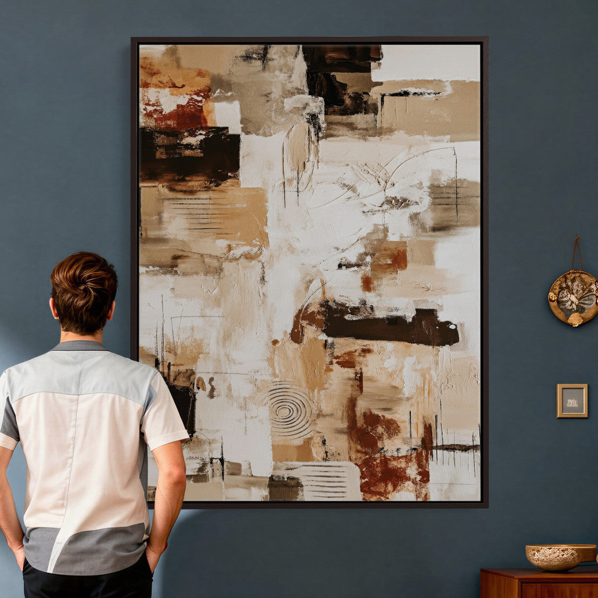 Blue Teal Abstract Canvas Wall Art, Modern Textured Painting Print, Navy Orange White Contemporary Art, Neutral Living Room Decor, Office Art
