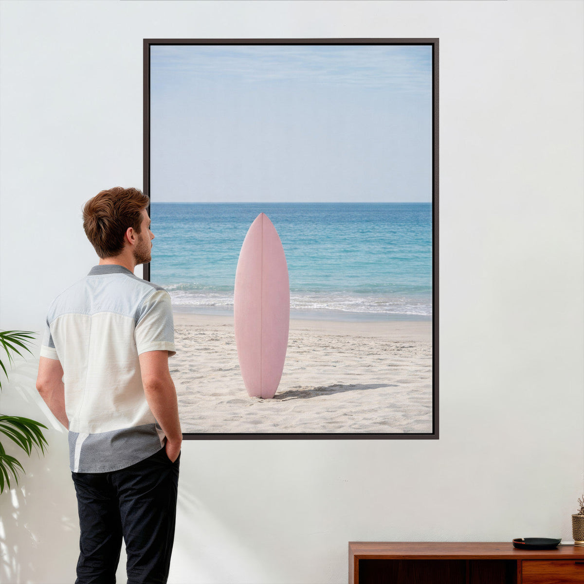 Pink Surfboard Canvas Wall Art, Minimalist Beach Photography