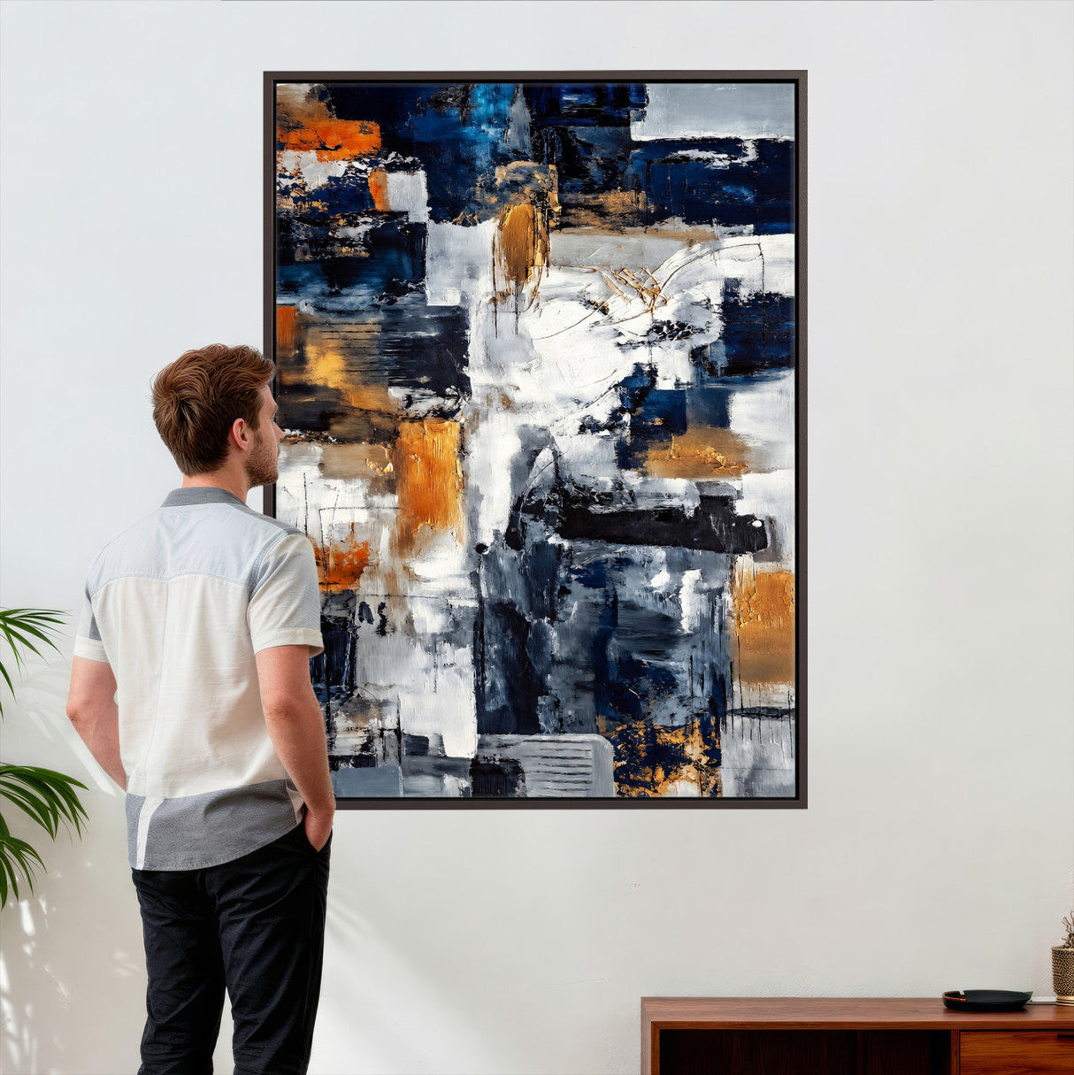 Blue Teal Abstract Canvas Wall Art, Modern Textured Painting Print, Navy Orange White Contemporary Art, Neutral Living Room Decor, Office Art