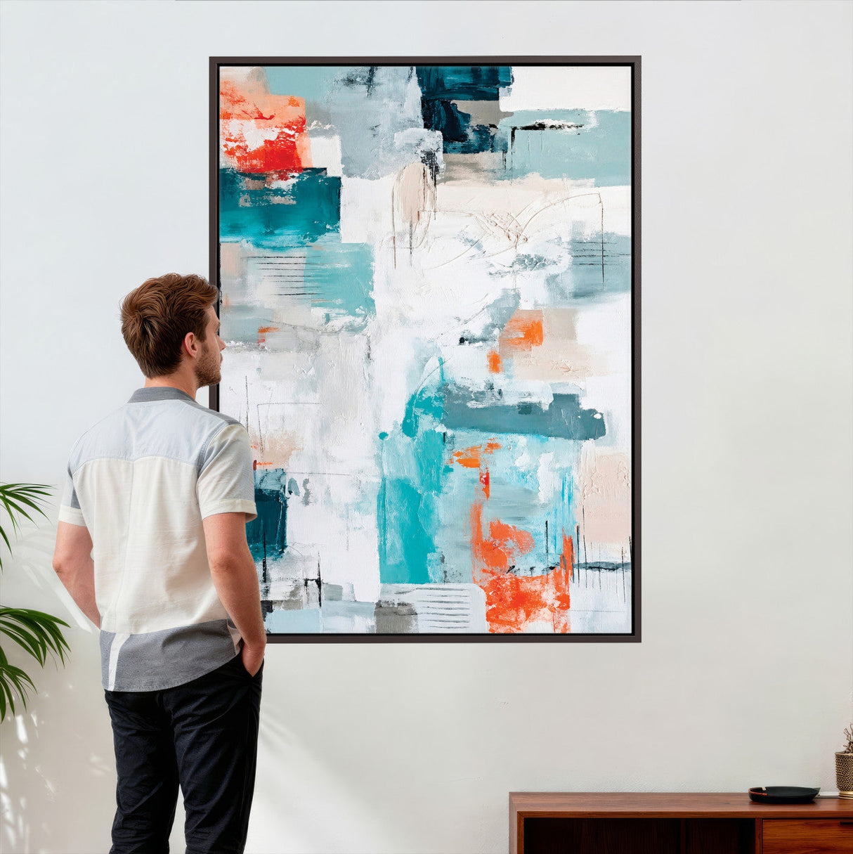 Blue Teal Abstract Canvas Wall Art, Modern Textured Painting Print, Navy Orange White Contemporary Art, Neutral Living Room Decor, Office Art