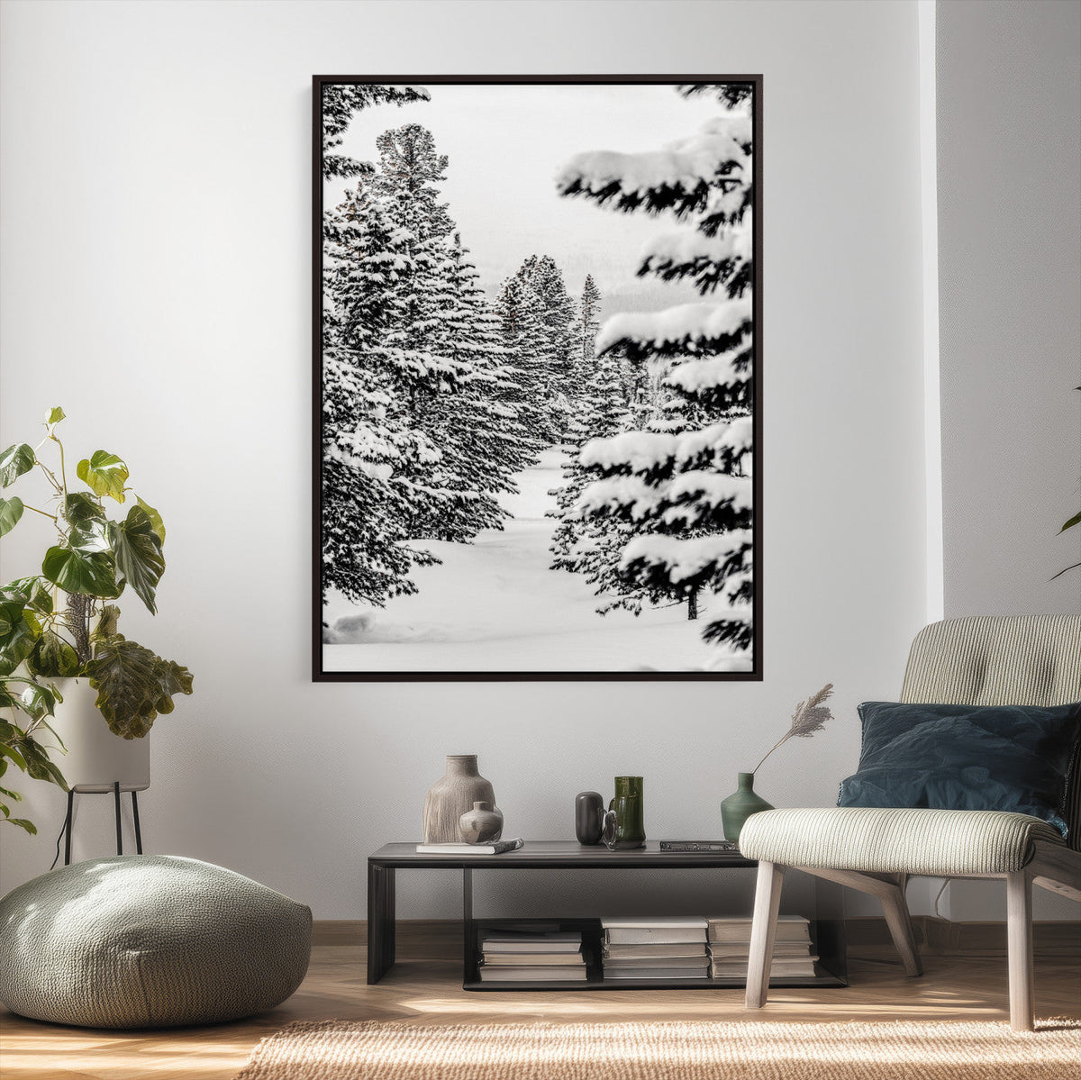 Winter Pine Forest Wall Art Canvas Print, Minimal Winter