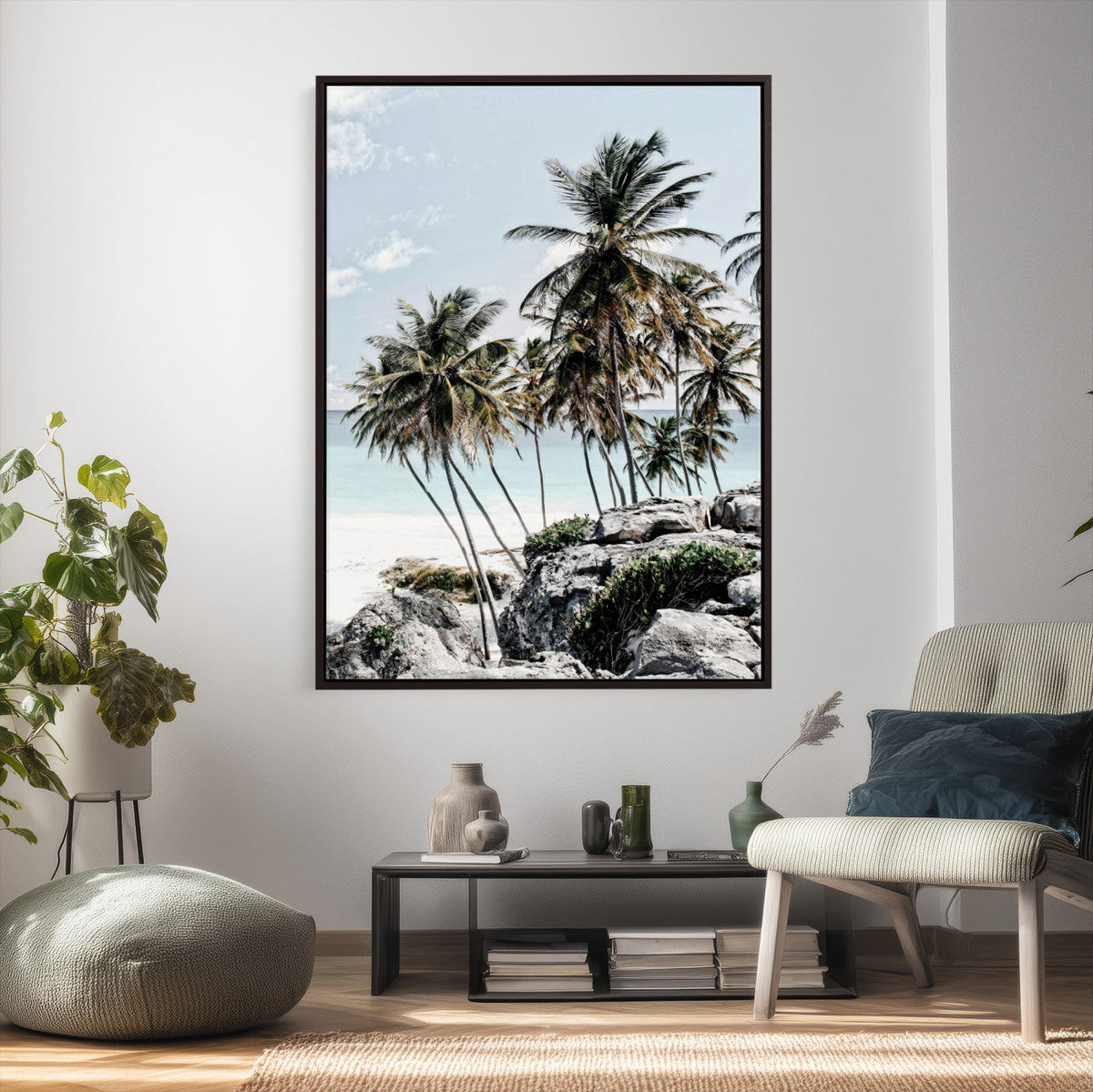 Tropical Trees Beach Wall Art Canvas Print, Coastal Ocean