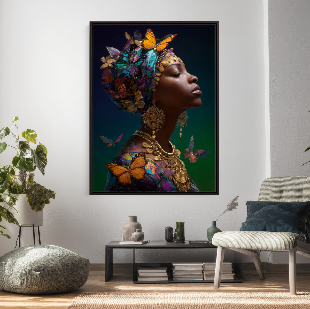 Butterfly Crown Gold Woman Portrait — Monarch Queen Canvas