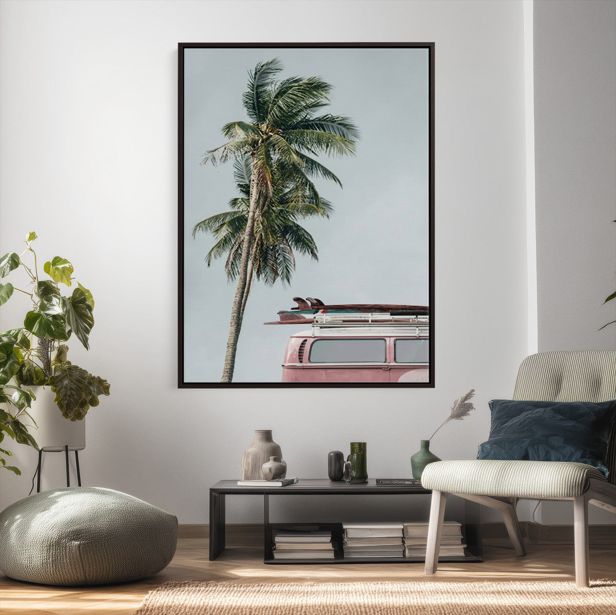 VW Van Palm Tree Canvas Wall Art, Pink Camper Surfboards