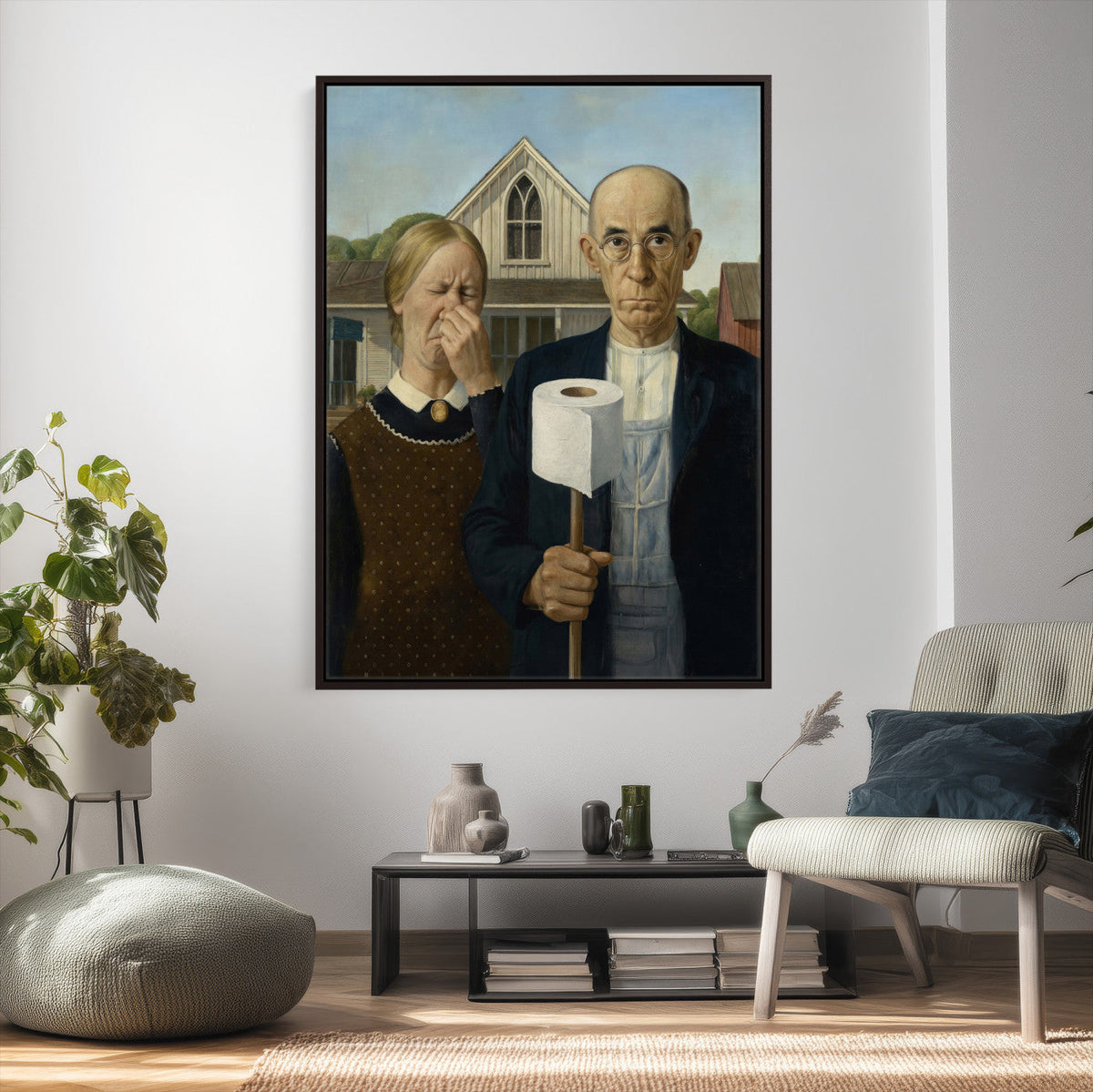 Funny Bathroom Canvas Wall Art, Grant Wood American Gothic