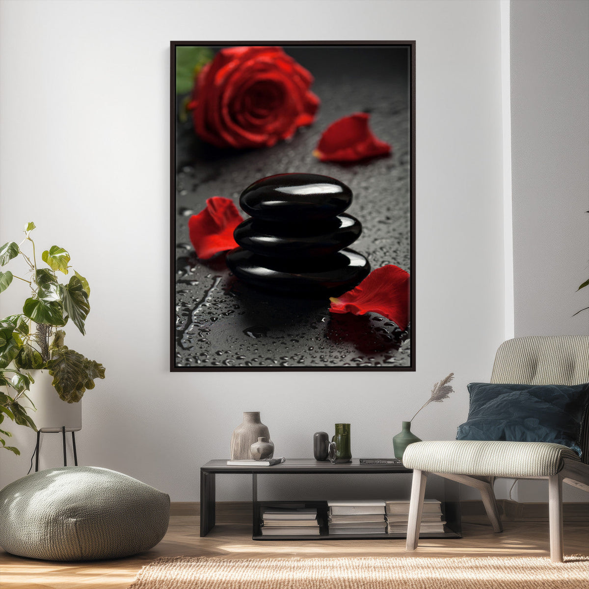 Black Lava Stone Rose Canvas | Red Rose Spa Photography
