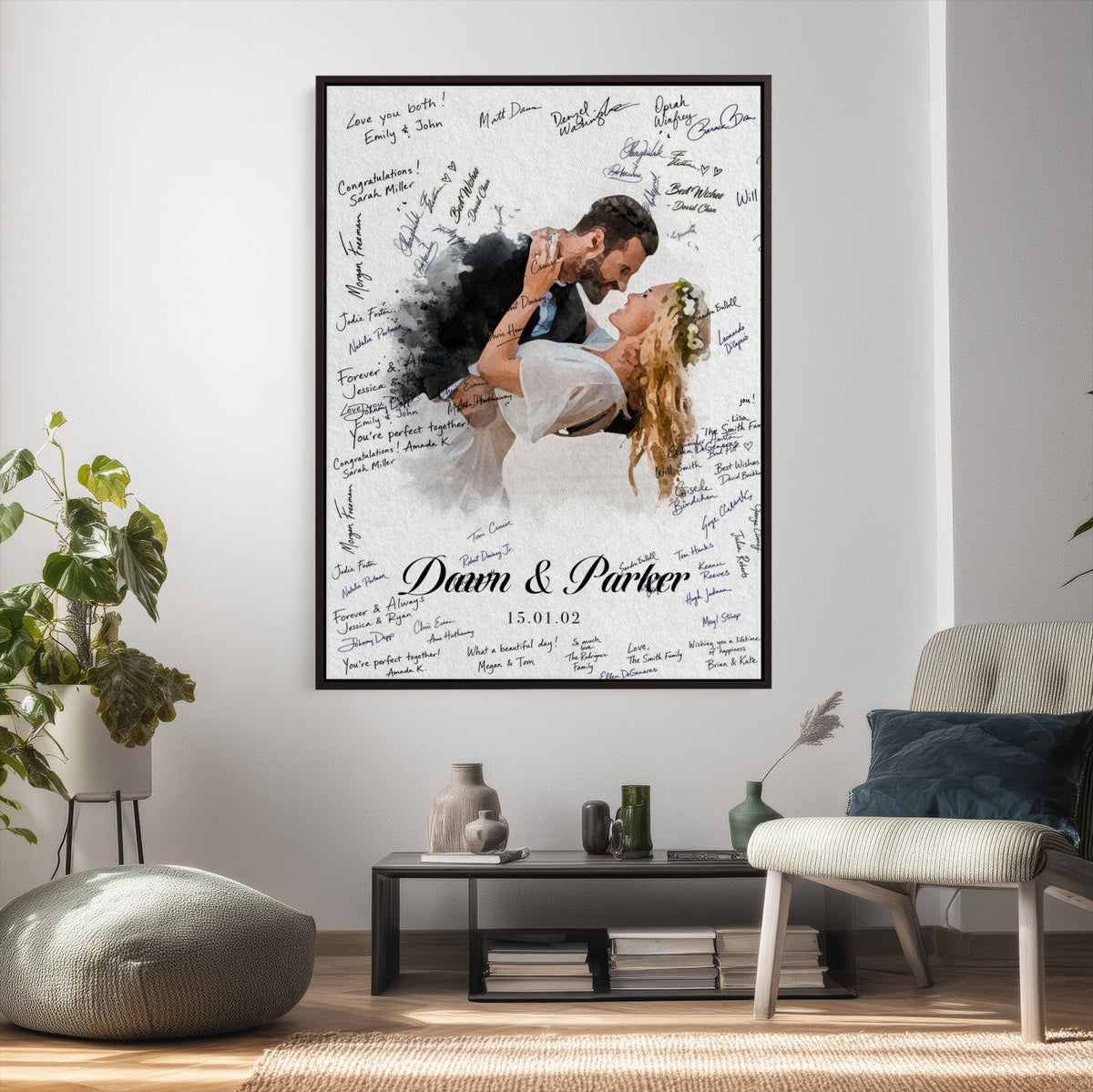 Wedding Guest Book Alternative Wall Art Canvas Print, Personalized Wedding Signature Poster, Custom Couple Photo Guestbook Canvas, Bridal Shower Reception Decor