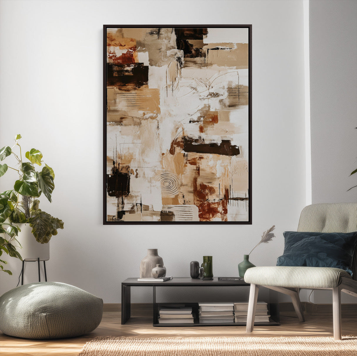 Blue Teal Abstract Canvas Wall Art, Modern Textured Painting Print, Navy Orange White Contemporary Art, Neutral Living Room Decor, Office Art