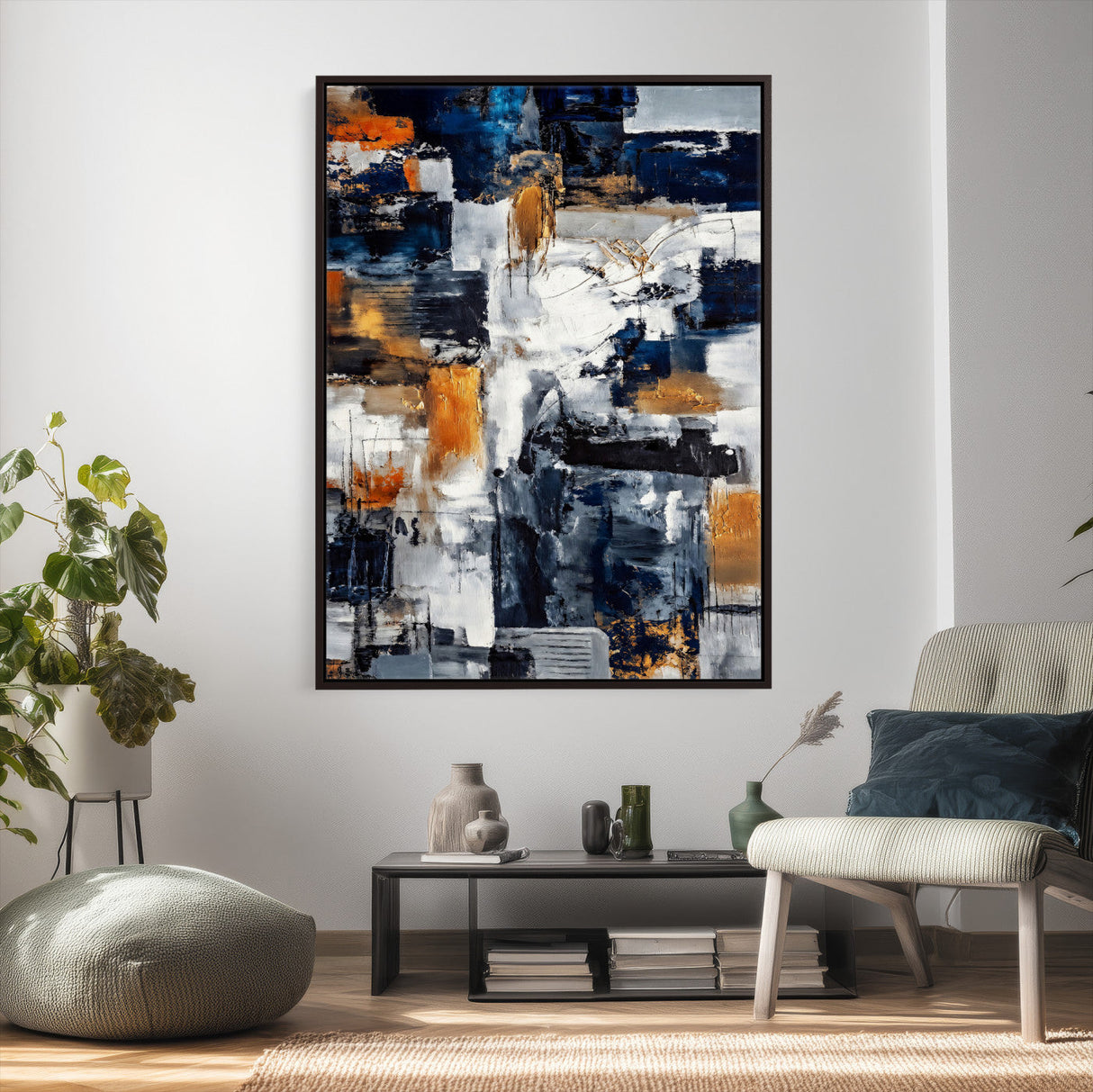 Blue Teal Abstract Canvas Wall Art, Modern Textured Painting Print, Navy Orange White Contemporary Art, Neutral Living Room Decor, Office Art