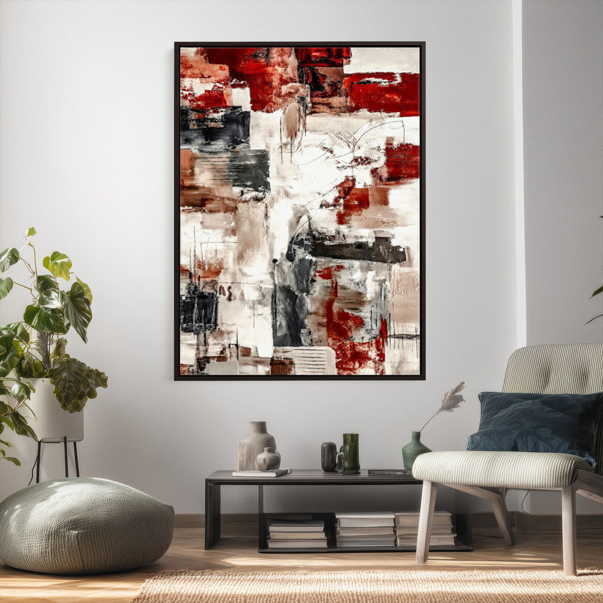 Blue Teal Abstract Canvas Wall Art, Modern Textured Painting Print, Navy Orange White Contemporary Art, Neutral Living Room Decor, Office Art