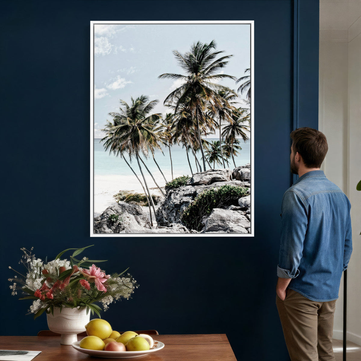 Tropical Trees Beach Wall Art Canvas Print, Coastal Ocean