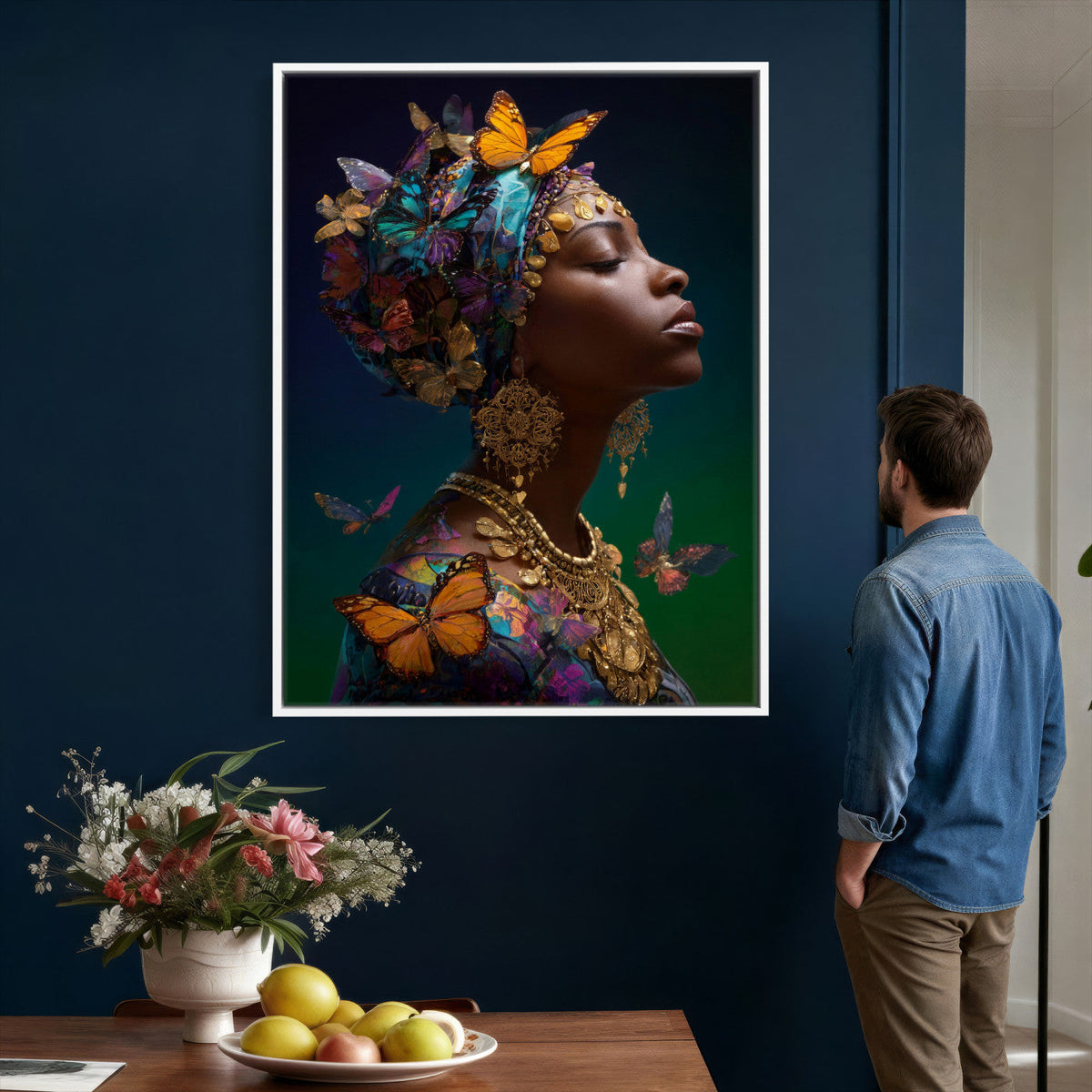 Butterfly Crown Gold Woman Portrait — Monarch Queen Canvas