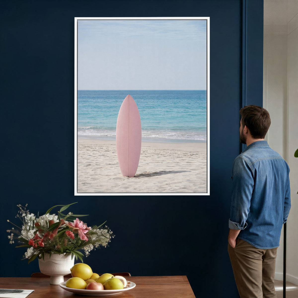 Pink Surfboard Canvas Wall Art, Minimalist Beach Photography