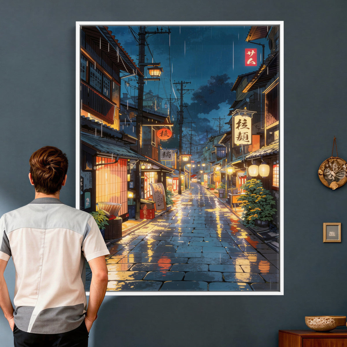 Tokyo Tea House Canvas Wall Art — Japan Rainy Night Street