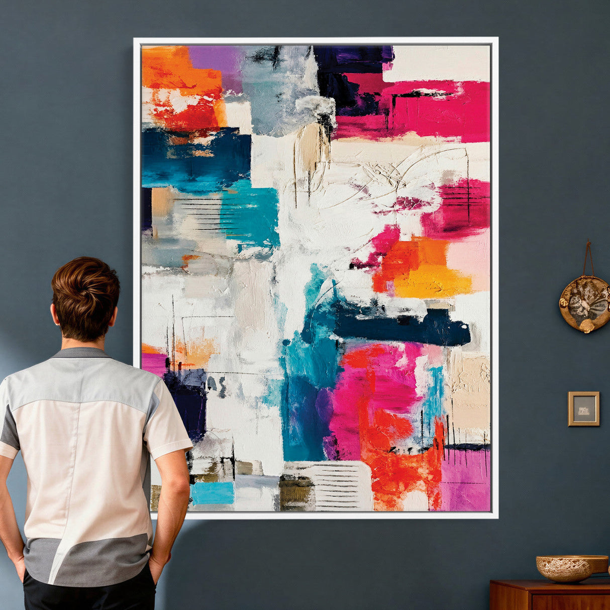 Blue Teal Abstract Canvas Wall Art, Modern Textured Painting Print, Navy Orange White Contemporary Art, Neutral Living Room Decor, Office Art