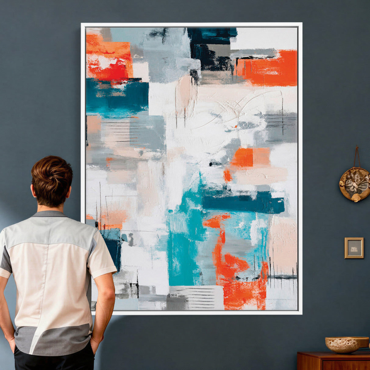 Blue Teal Abstract Canvas Wall Art, Modern Textured Painting Print, Navy Orange White Contemporary Art, Neutral Living Room Decor, Office Art