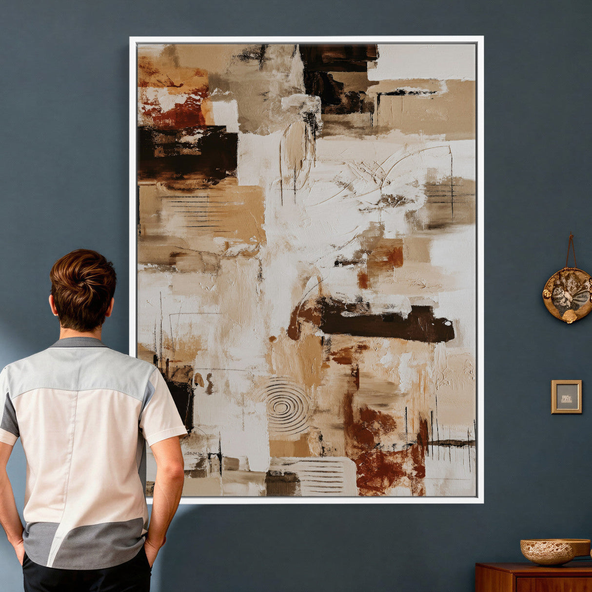 Blue Teal Abstract Canvas Wall Art, Modern Textured Painting Print, Navy Orange White Contemporary Art, Neutral Living Room Decor, Office Art
