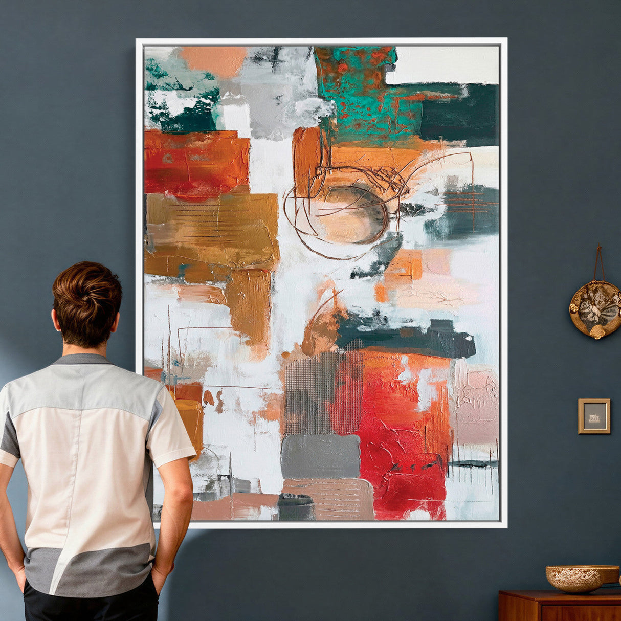 Blue Teal Abstract Canvas Wall Art, Modern Textured Painting Print, Navy Orange White Contemporary Art, Neutral Living Room Decor, Office Art
