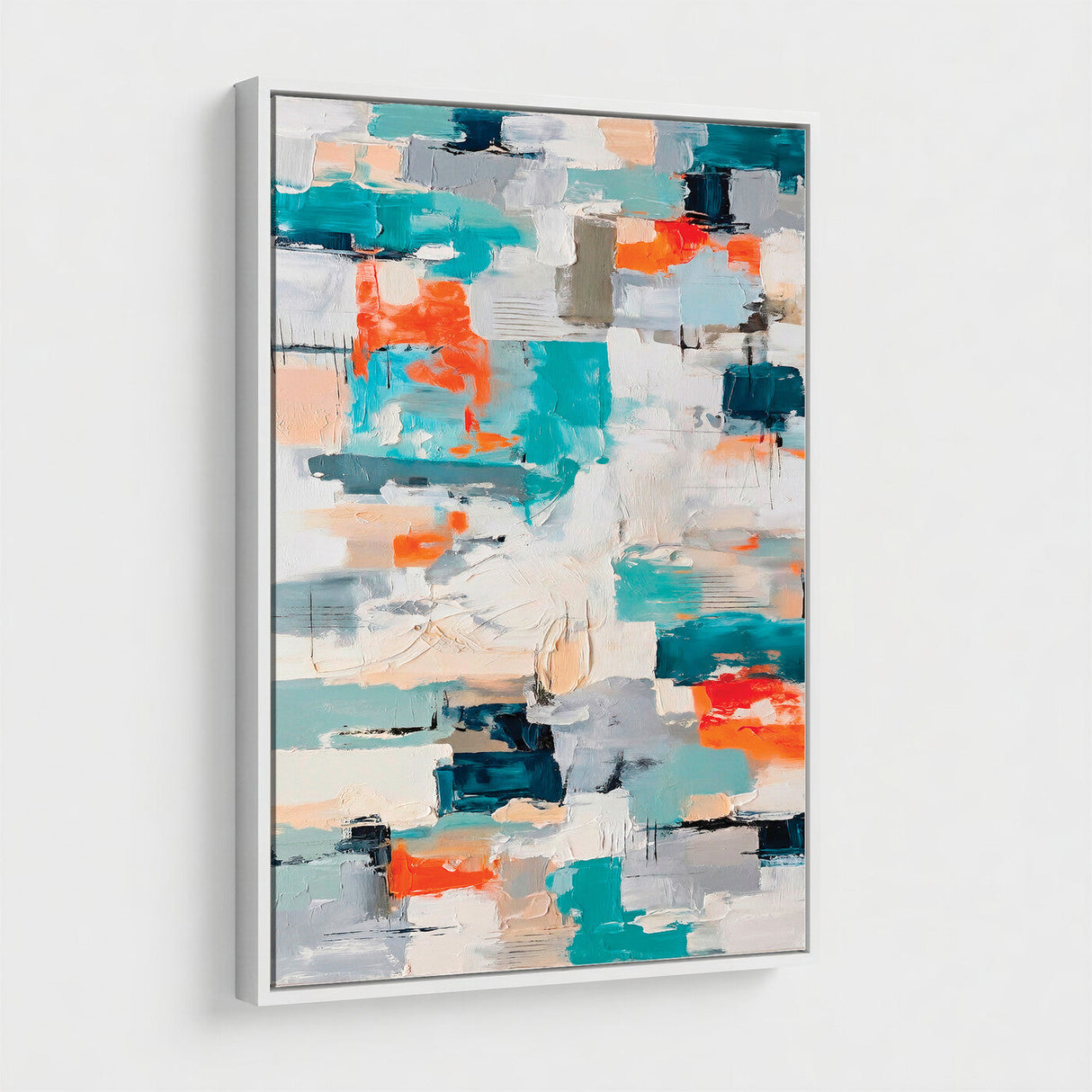 Blue Teal Abstract Canvas Wall Art, Modern Textured Painting Print, Navy Orange White Contemporary Art, Neutral Living Room Decor, Office Art