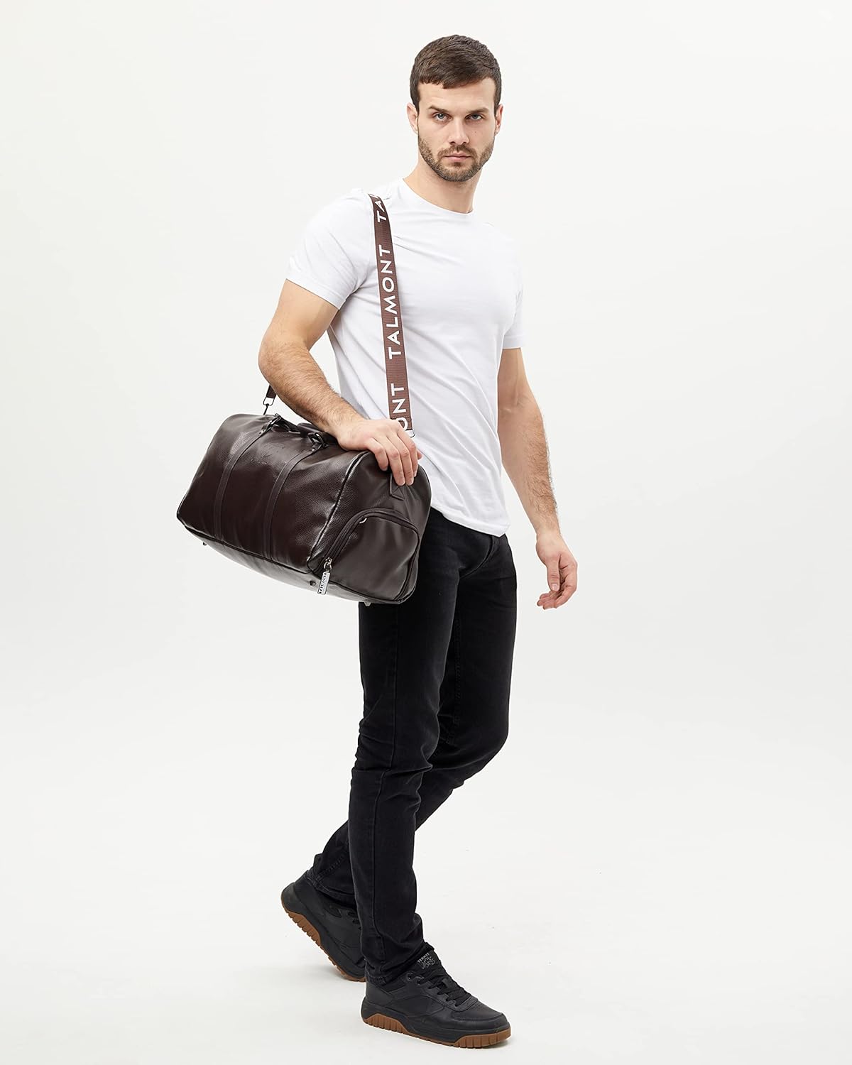 17.7 inch Gym Duffle Leather Bag with Shoe Compartment for Sports Travel - Adjustable Shoulder Strap, Weekender Travel Overnight Bag for Men