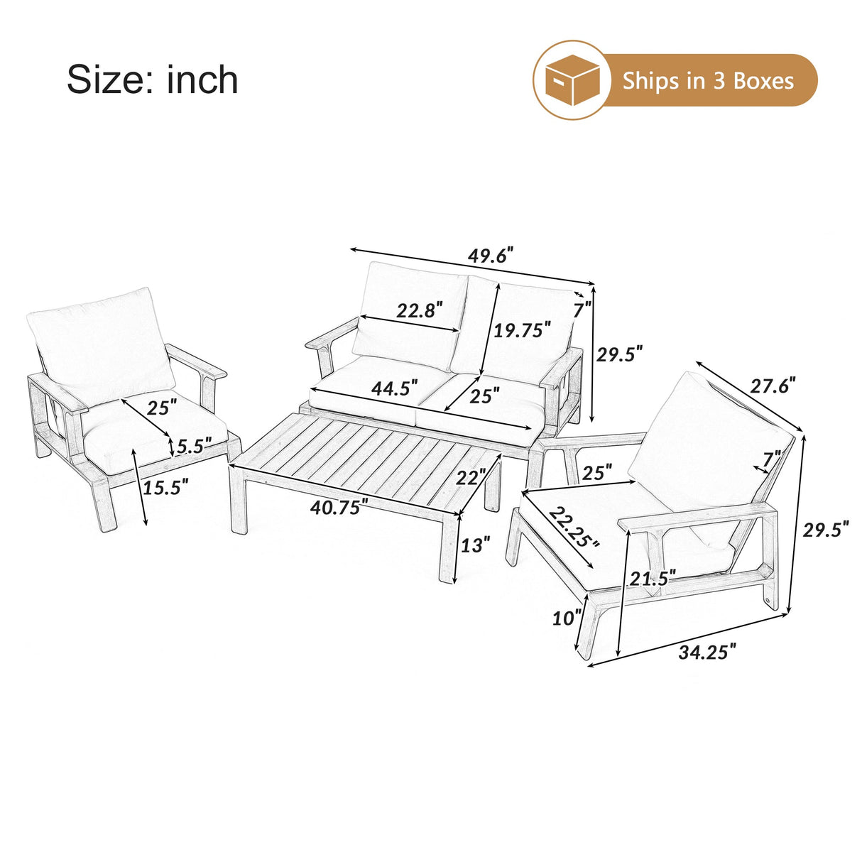 Acacia Wood Outdoor Sofa Set for 4 with Cushions and Coffee Table