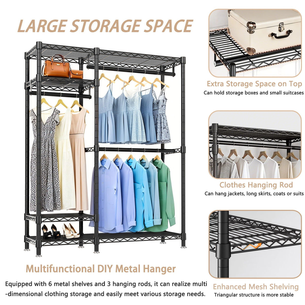 Freestanding Clothes Rack, With 6 Adjustable Wire Shelves And 3 Garment Rails - Black