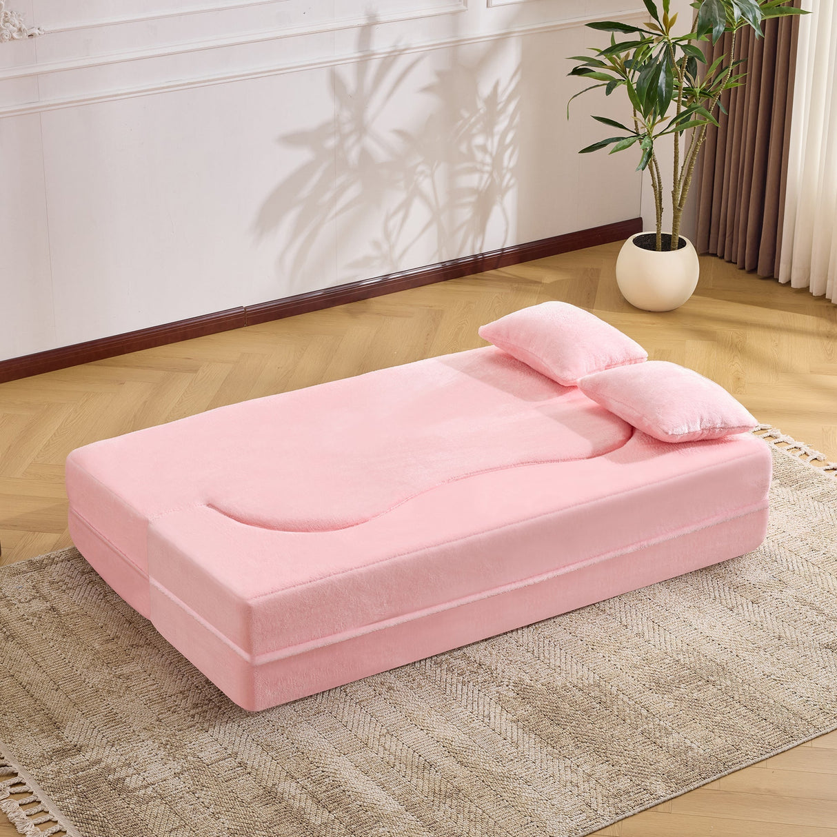 71-Inch Folding Sofa Bed in Pink Chenille with High-Density Foam