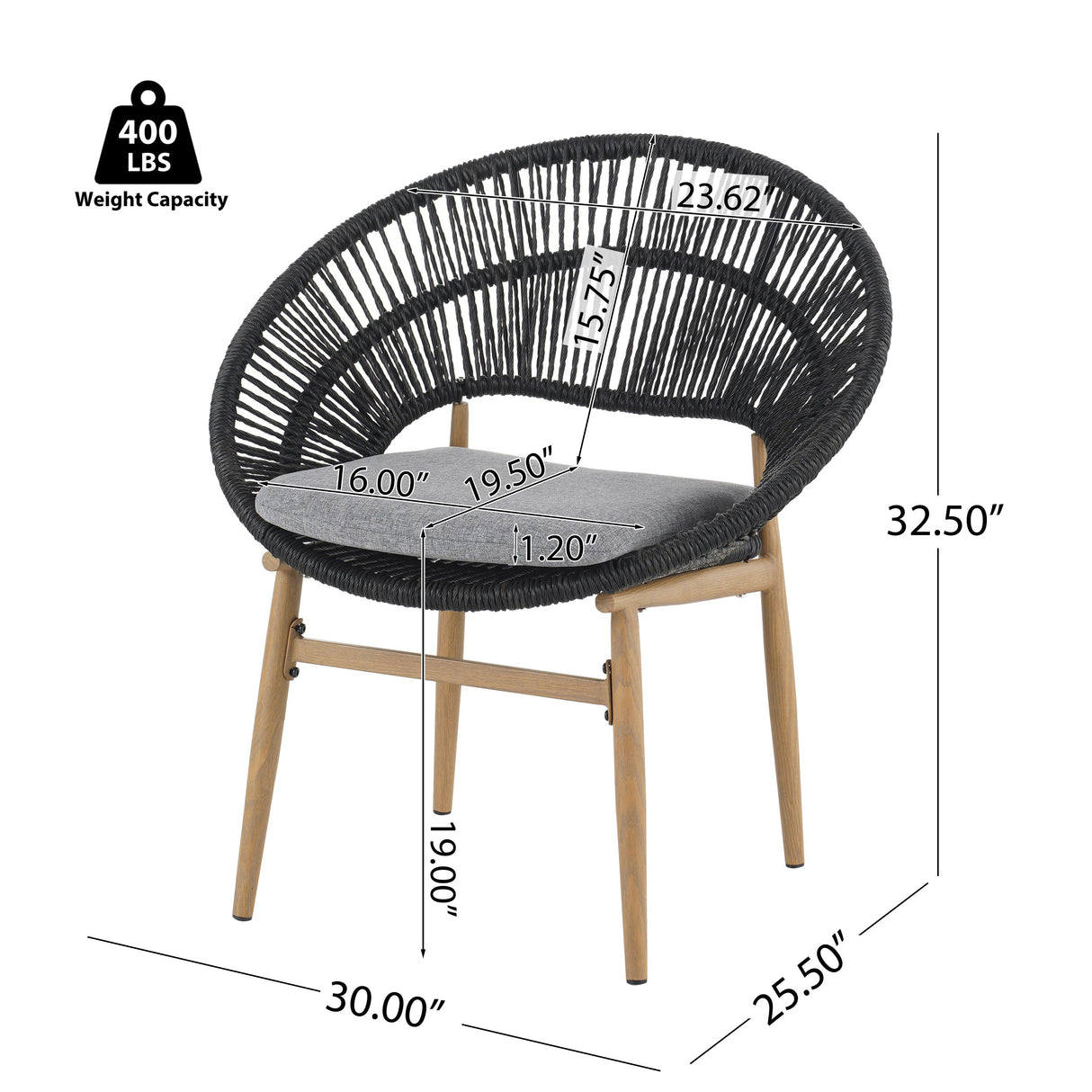Cyril Outdoor Wicker Papasan Style Dining Chair with Teak Finished Leg and Dark Gray Faux Rattan - Set of 2