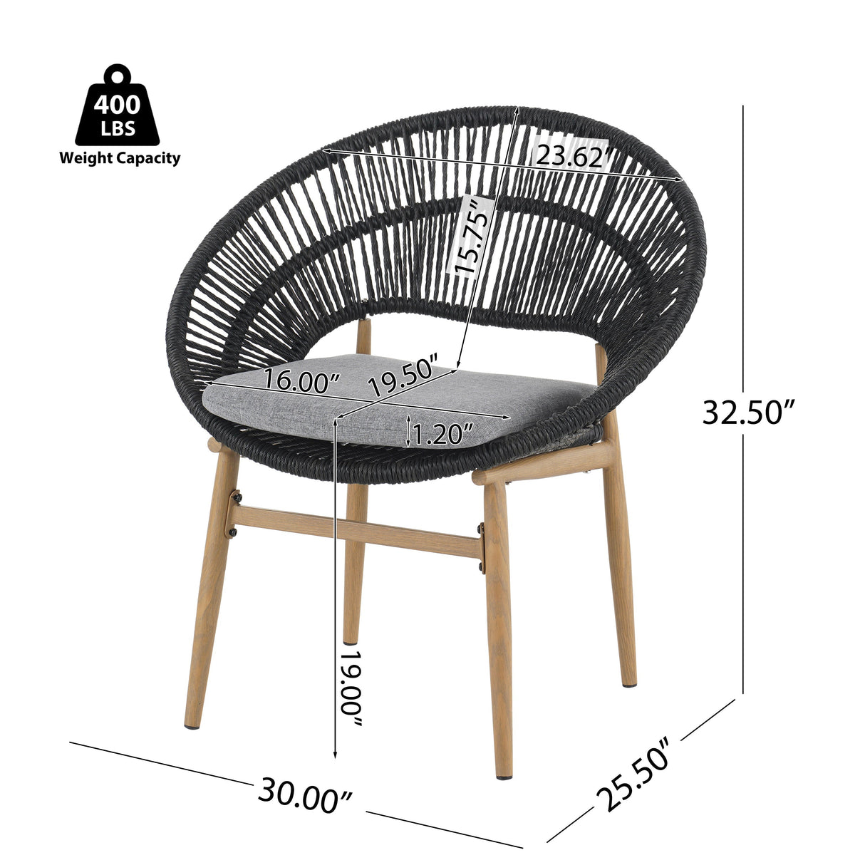 Cyril Outdoor Wicker Papasan Style Dining Chair with Teak Finished Leg and Dark Gray Faux Rattan - Set of 2