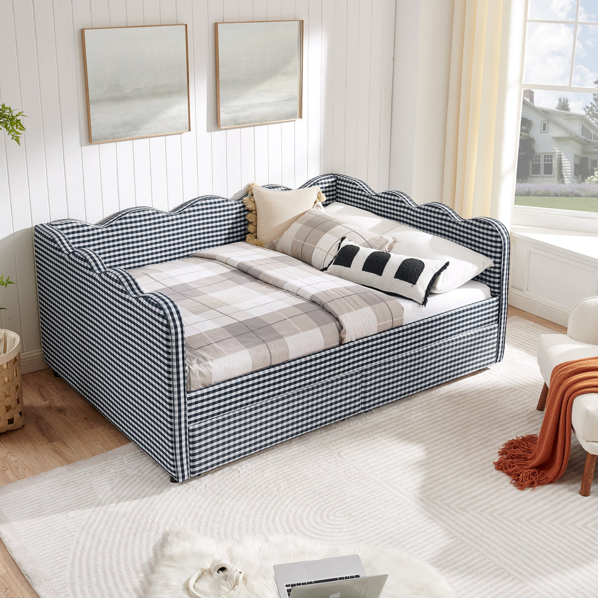 Full Size Cozy Gingham Daybed with Two Storage Drawers, with USB Port and Adorable Wave Shaped, Linen Fabric