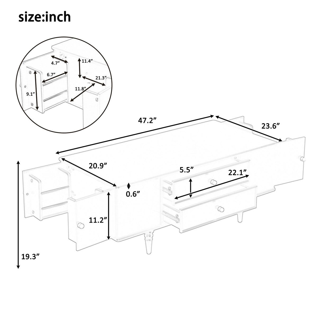 Modern Rectangle Coffee Table with Four Drawers 47.2' Wood Coffee Table