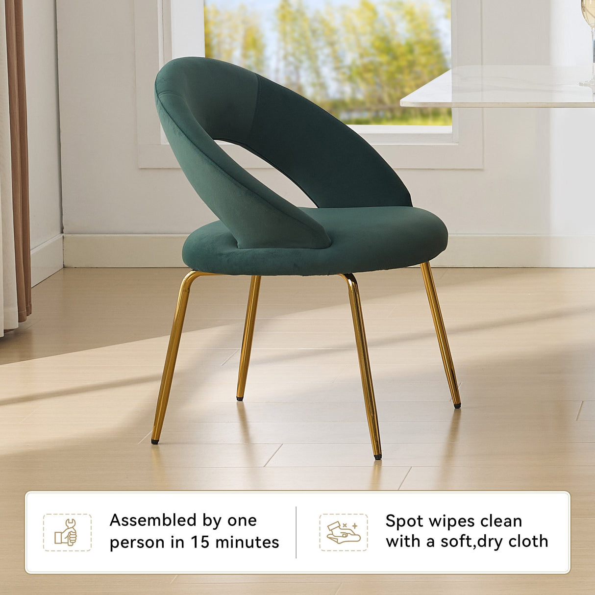 Set of 1 Velvet Fabric Dining Chair with Curved Backrest and Golden Metal Legs