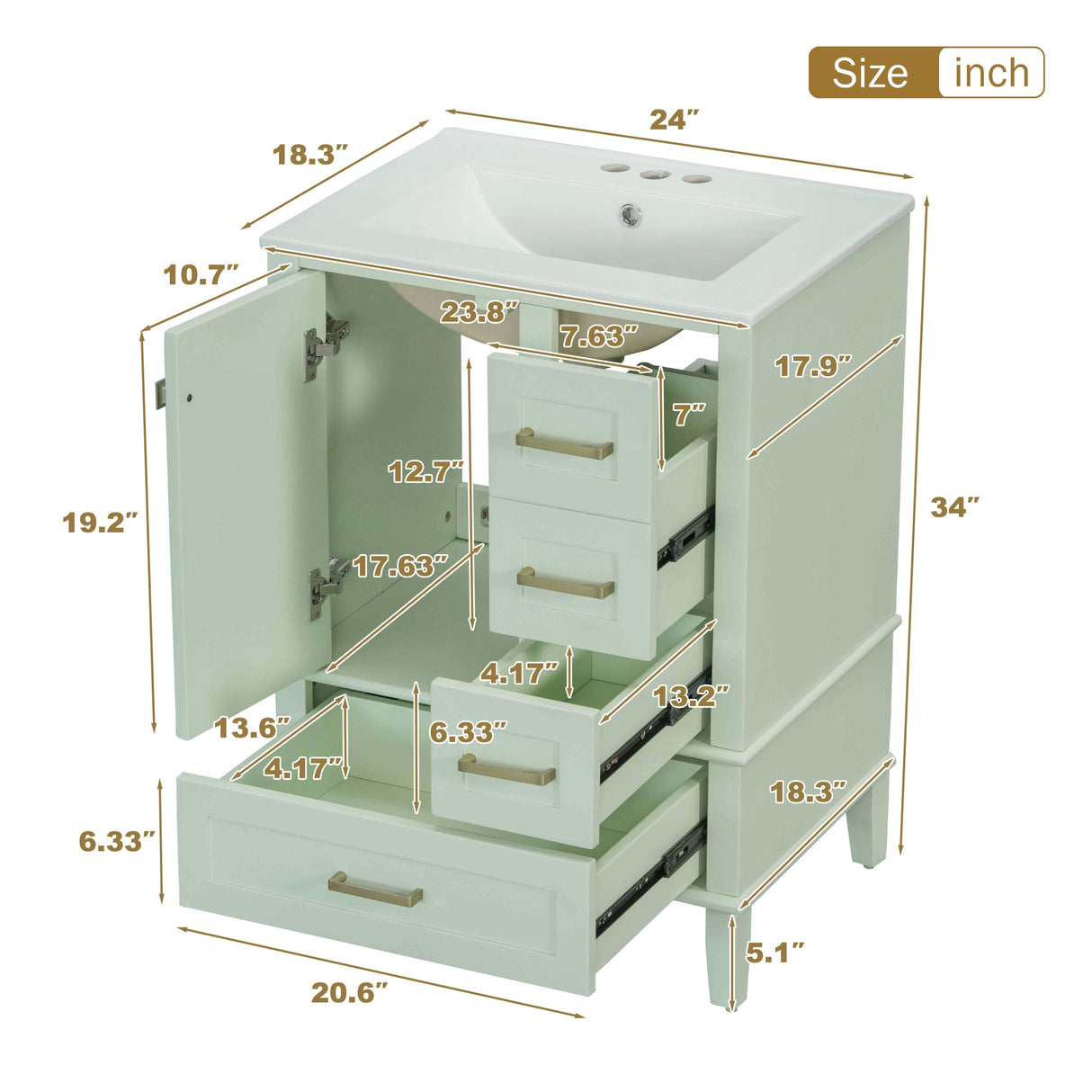 24.8" Bathroom Vanity with Ceramic Sink, Modern Freestanding Cabinet