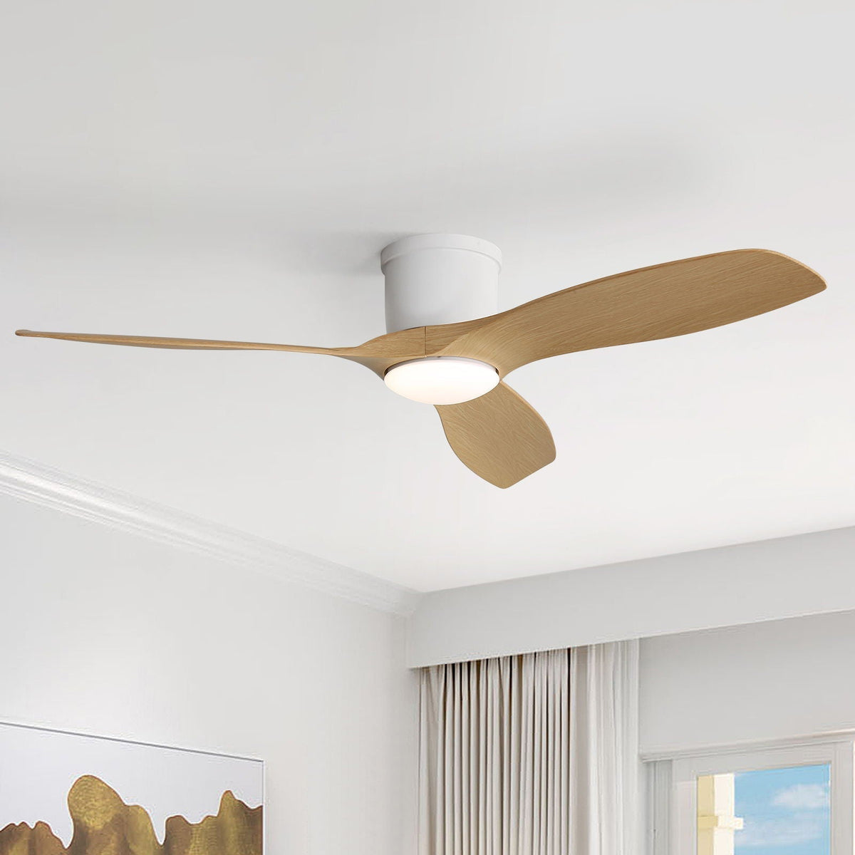 Flush Mount Ceiling Fan With Dimmable LED Light and Reversible DC Motor - Pearl Silver or Light Brown