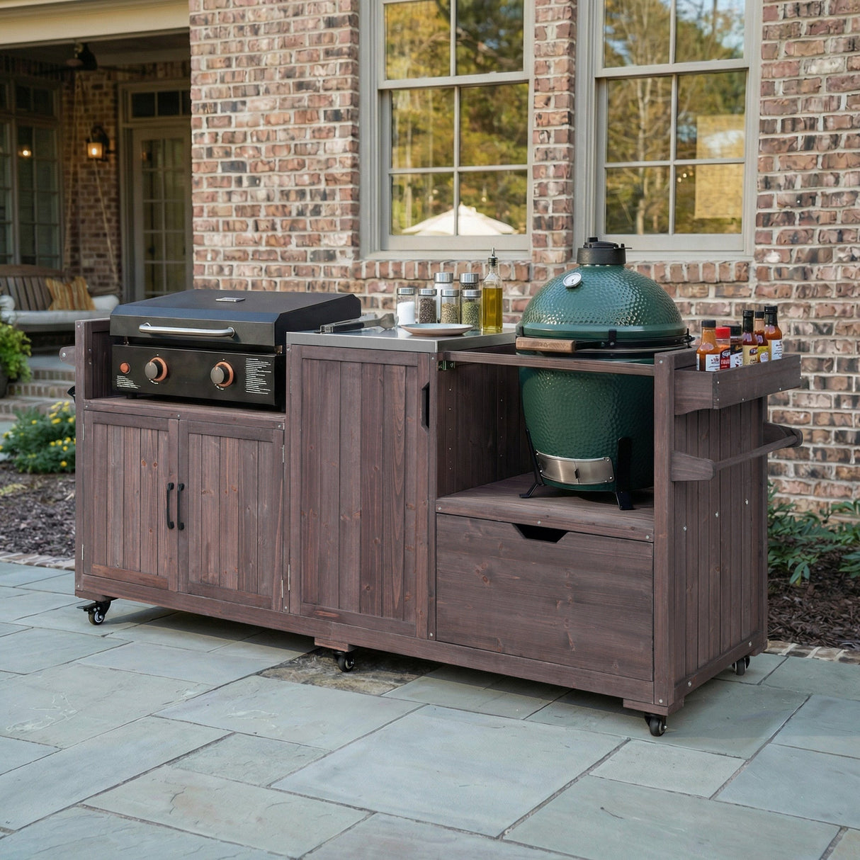 K&K 80.5' Outdoor Kitchen Island for Big Green Egg & Blackstone Griddle