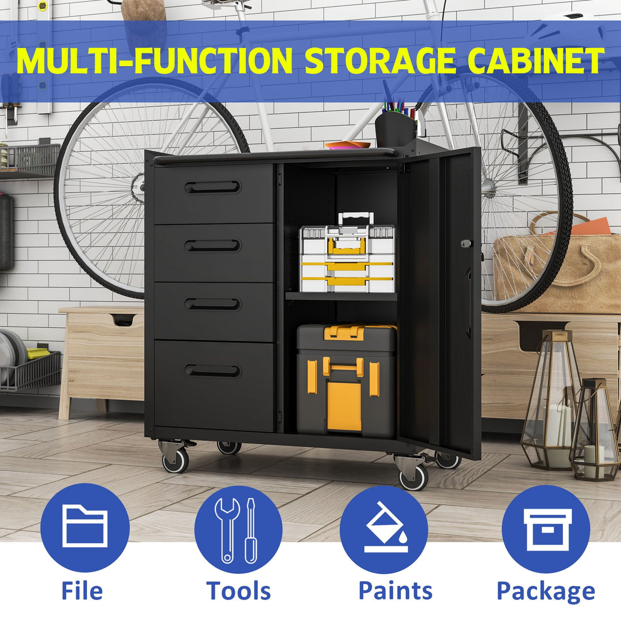 Sturdy Metal Tool Storage Cabinet With Wheels Durable Garage, Office & Home Organizer Steel
