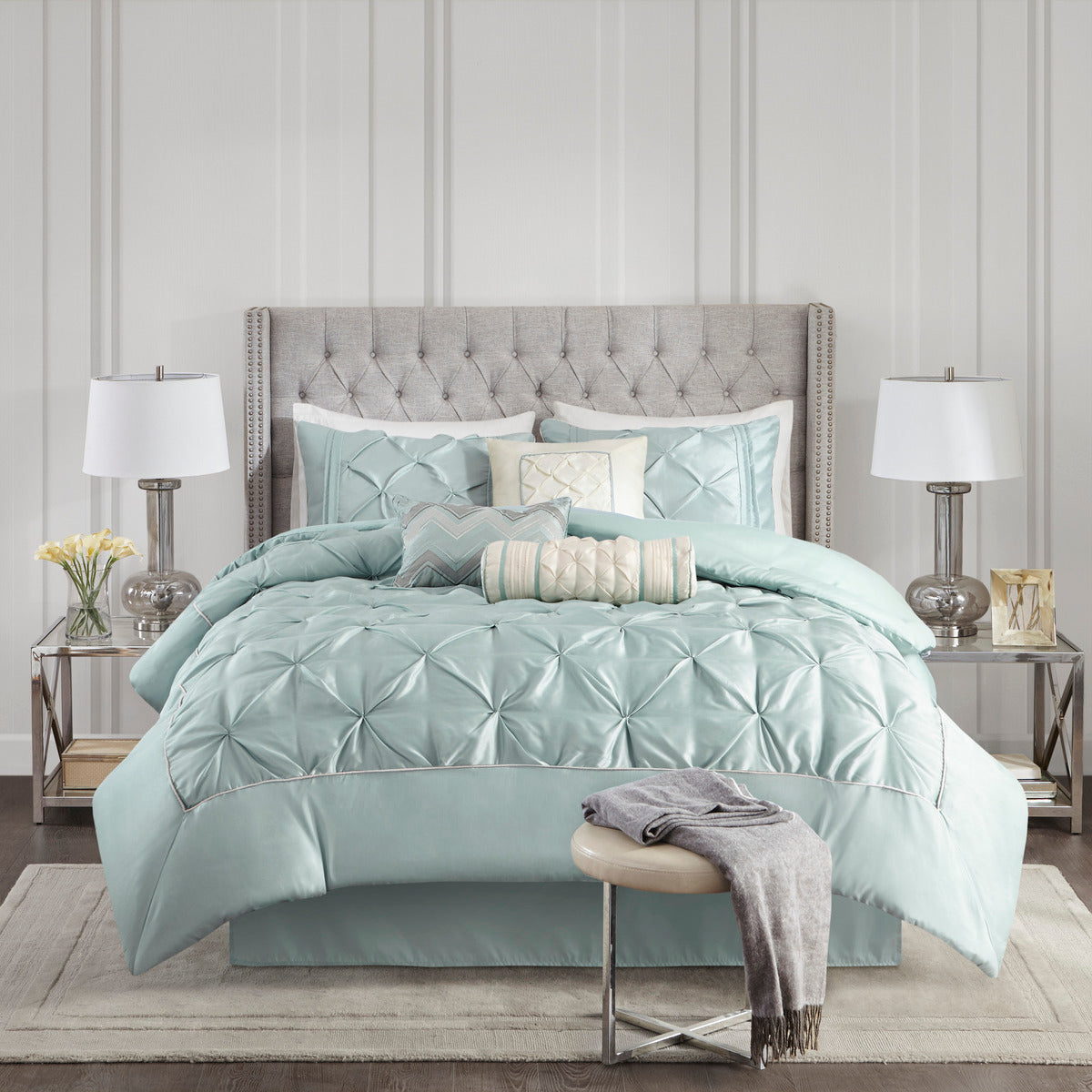 7 Piece Tufted Comforter Set Seafoam Queen